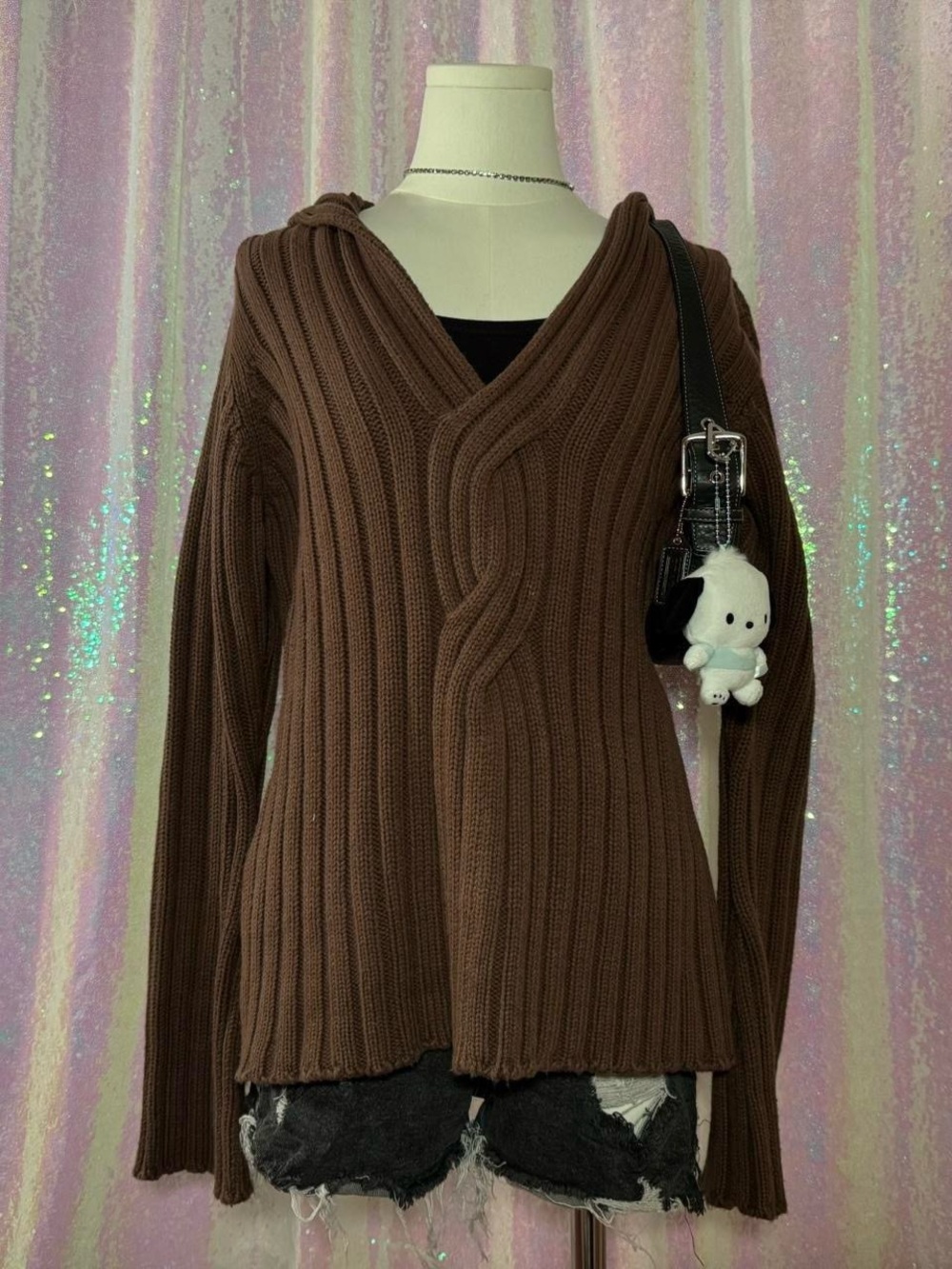 Chadwick's Brown V-Neck Cable Knit Hooded Sweater ★彡